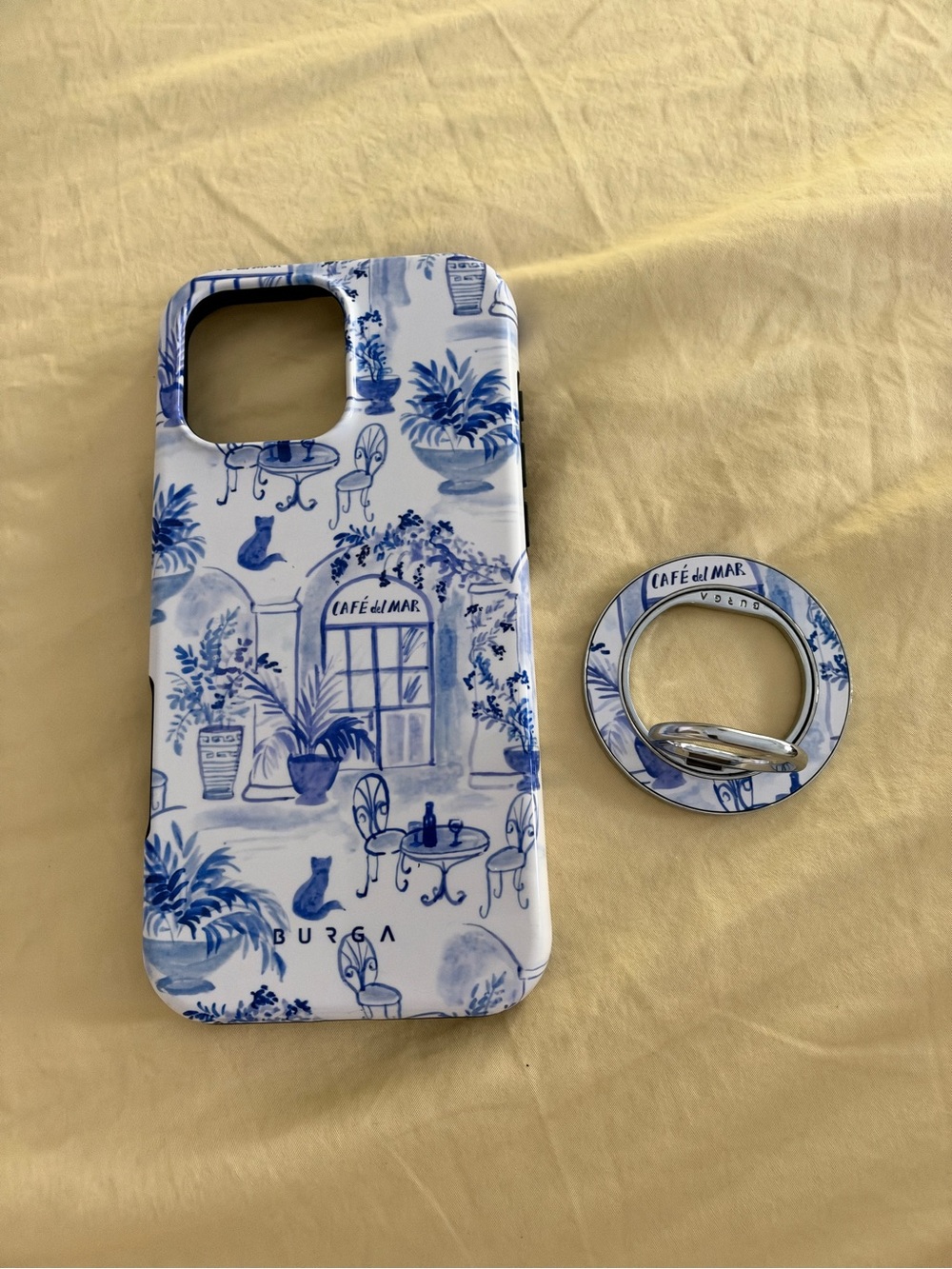 Blue & White Café-Print Phone Case with Matching Ring Holder - BURGA